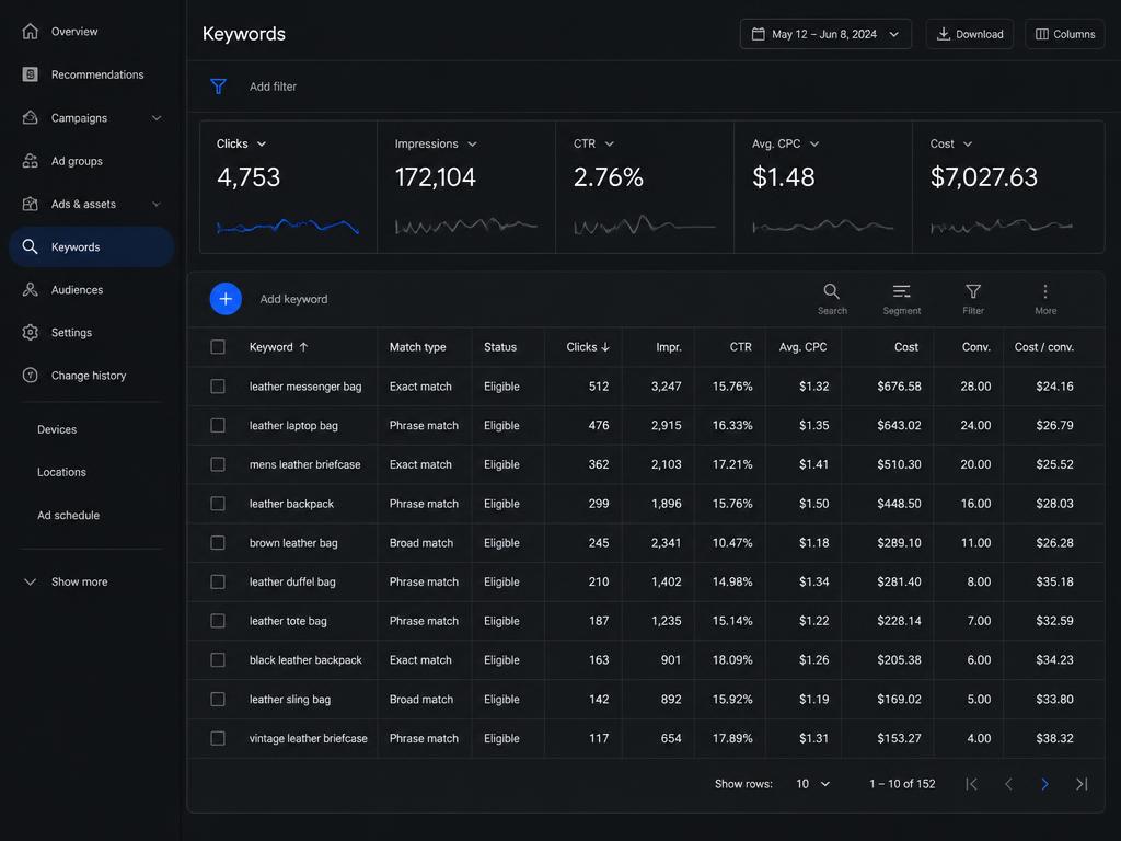 Dark search campaign screen with keywords and costs.