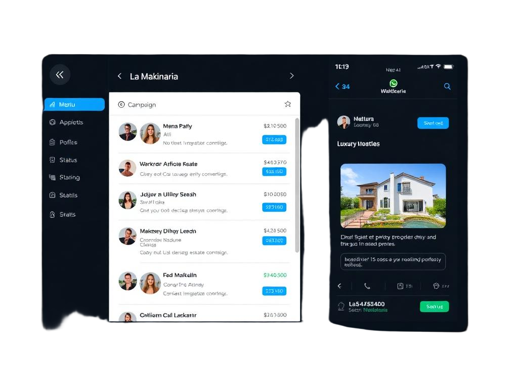 Dark screen with a WhatsApp message list and delivery metrics.